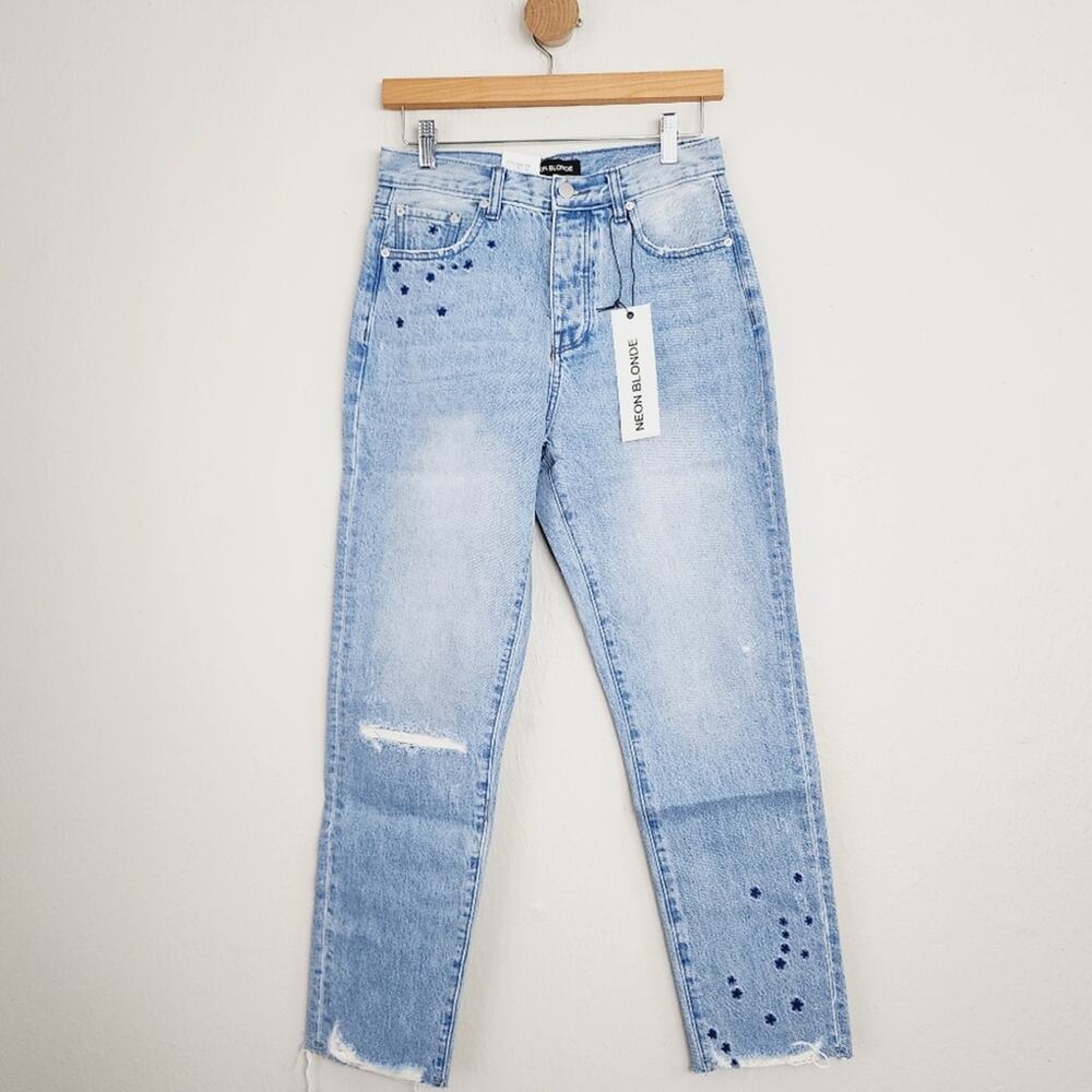 NWT Neon Blonde Siren Starstruck Straight Jeans 26 Star Embroidered Raw Hem